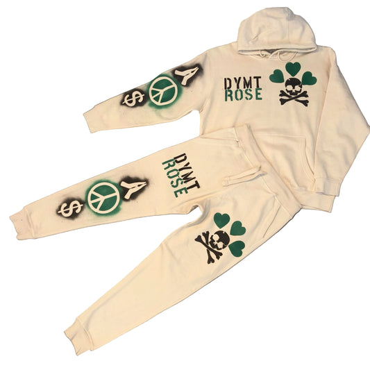 Prayer,Peace & Money Jogger Set - COLOR-SAND/CREAM w GREEN & BLACK design.